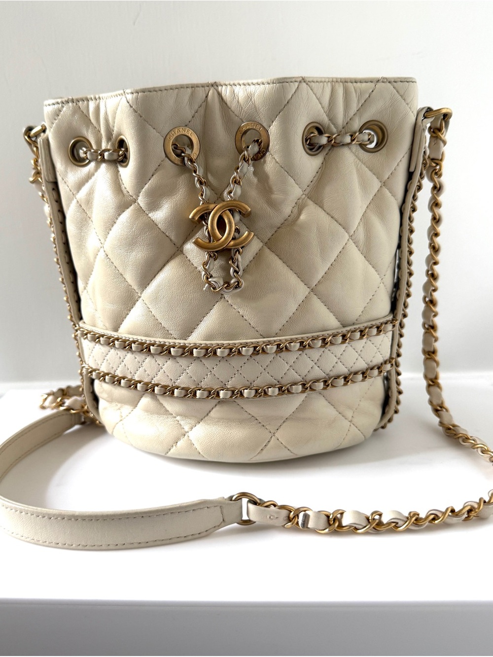CHANEL Cream Quilted Leather Drawstring Backpack with Gold CC Hardware
